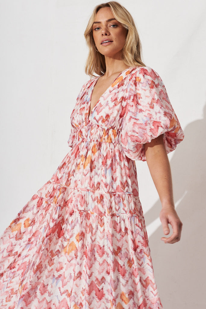 Amalie Midi Dress In White With Pink Print - St Frock (Dev)