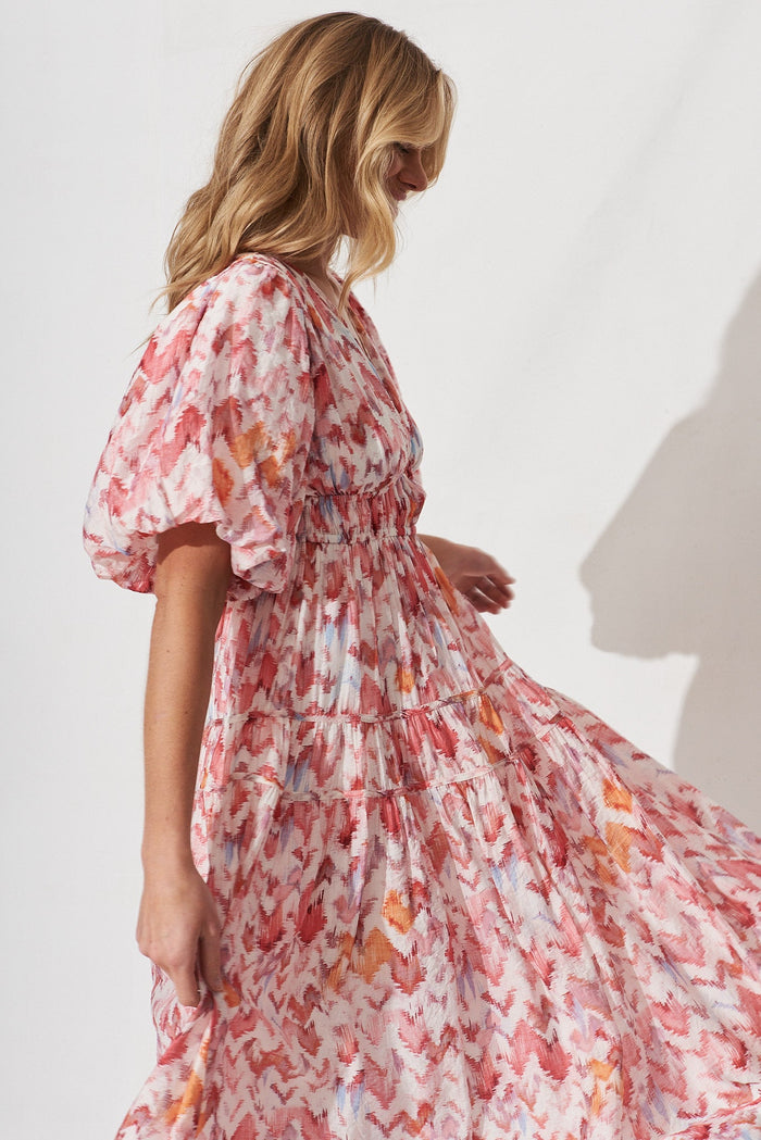 Amalie Midi Dress In White With Pink Print - St Frock (Dev)