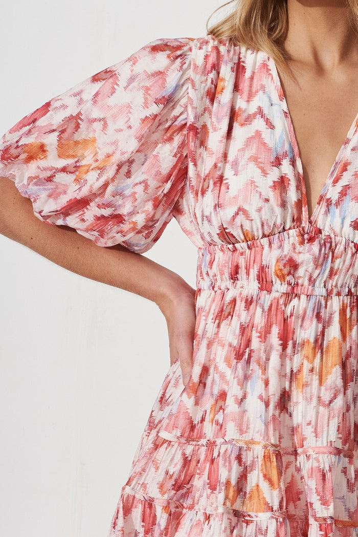 Amalie Midi Dress In White With Pink Print - St Frock (Dev)