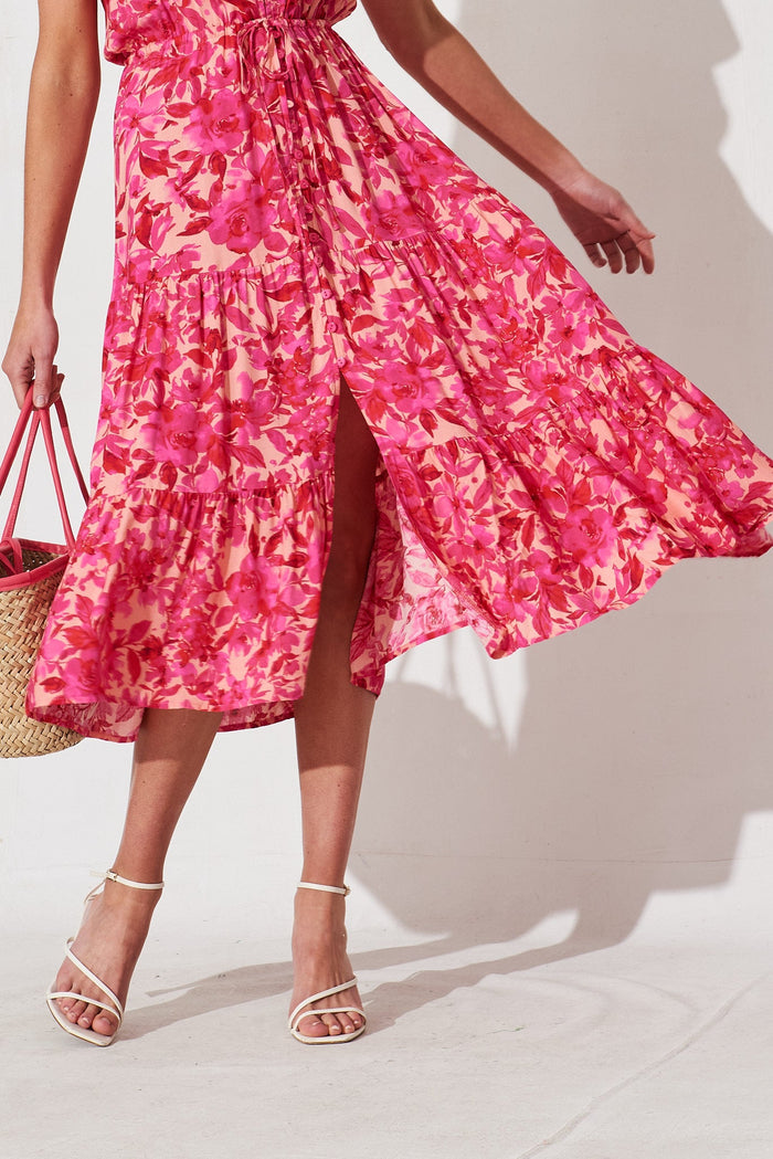 Elxia Midi Dress In Peach With Pink Floral - detail