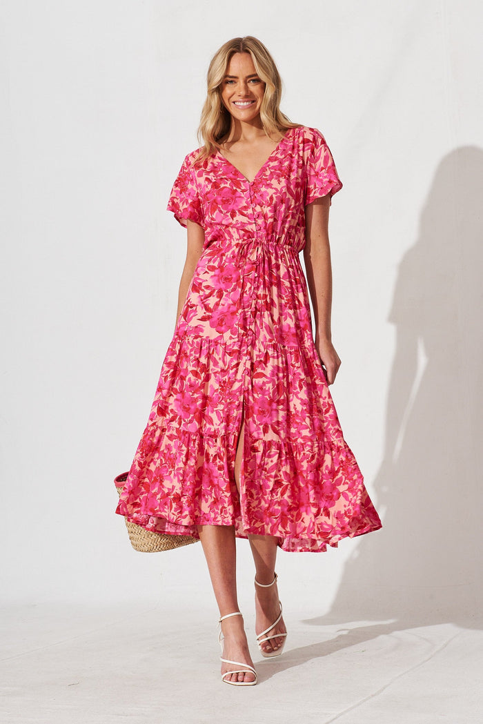 Elxia Midi Dress In Peach With Pink Floral - full length