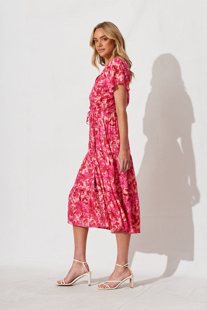 Elxia Midi Dress In Peach With Pink Floral - side