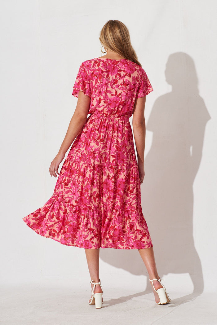 Elxia Midi Dress In Peach With Pink Floral - back