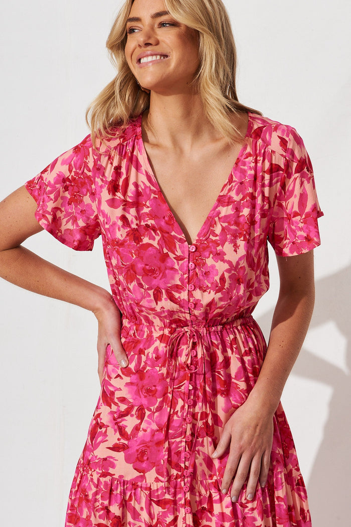 Elxia Midi Dress In Peach With Pink Floral - front