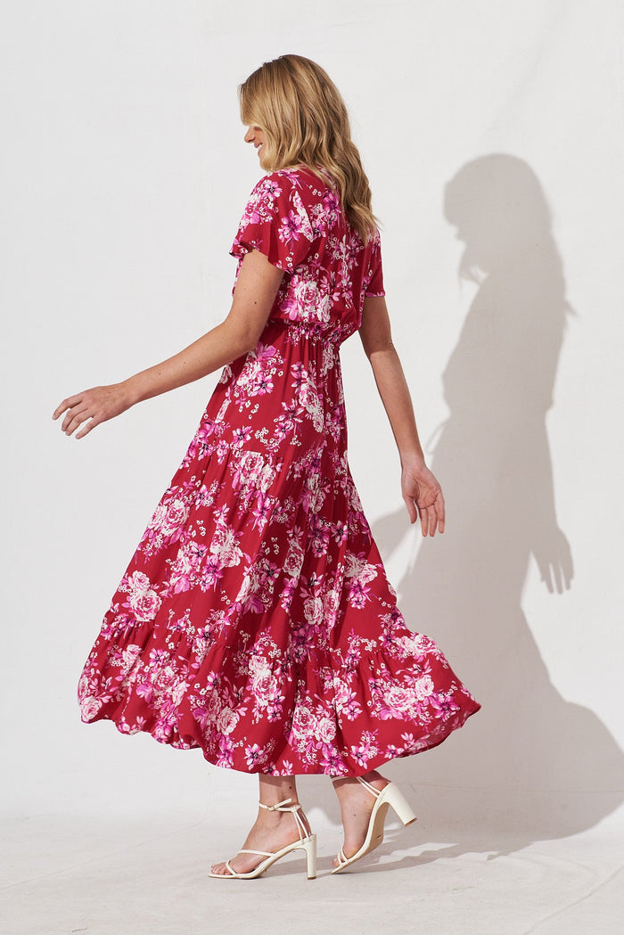 Elxi Maxi Dress In Red With Pink Floral - side