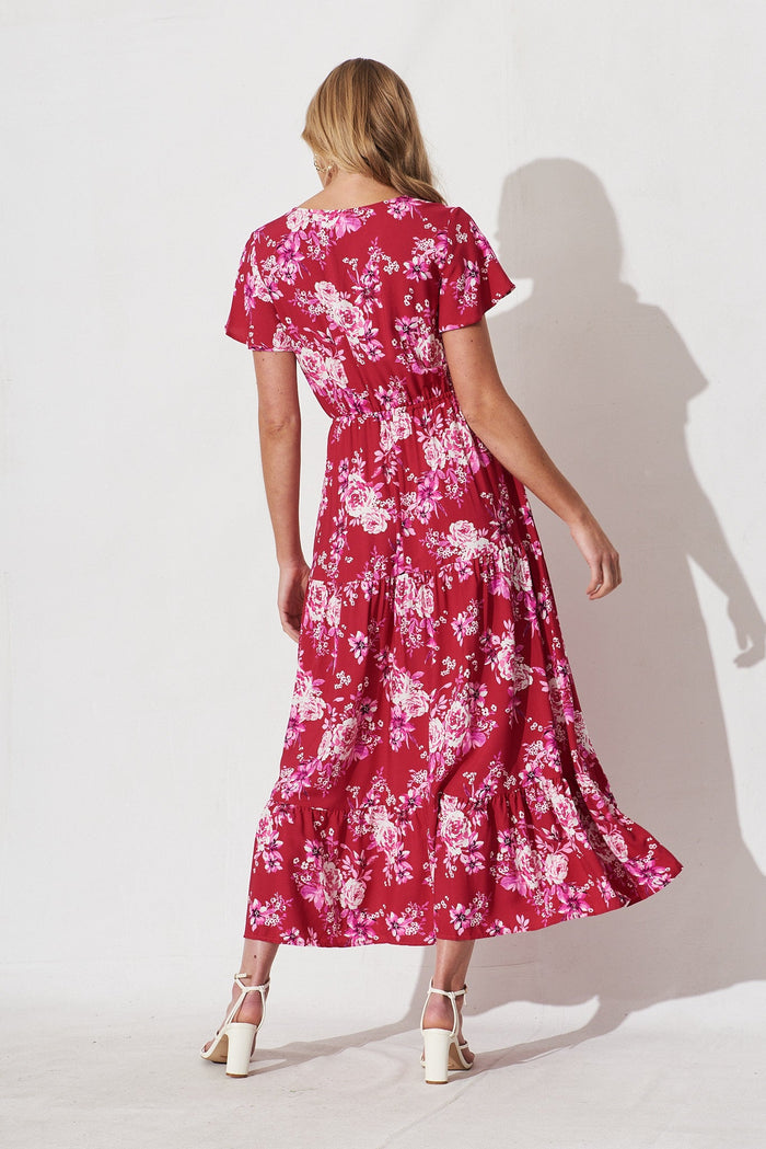 Elxi Maxi Dress In Red With Pink Floral - back
