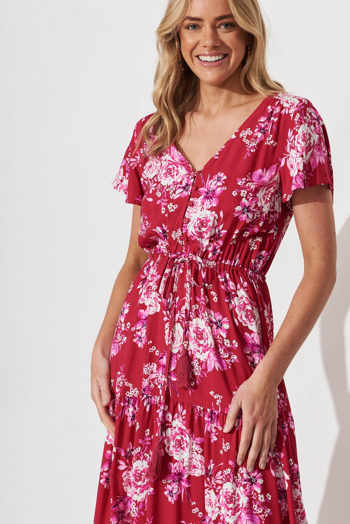 Elxi Maxi Dress In Red With Pink Floral - front