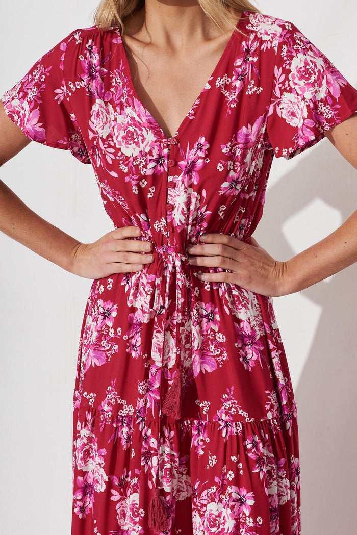 Elxi Maxi Dress In Red With Pink Floral - detail