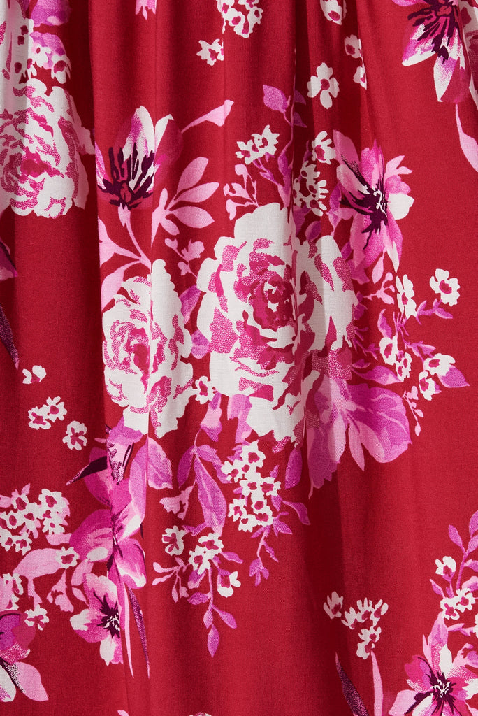 Elxi Maxi Dress In Red With Pink Floral - fabric