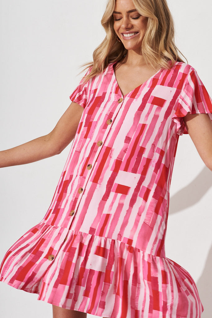 Mariachi Dress In Red With Pink Print - front