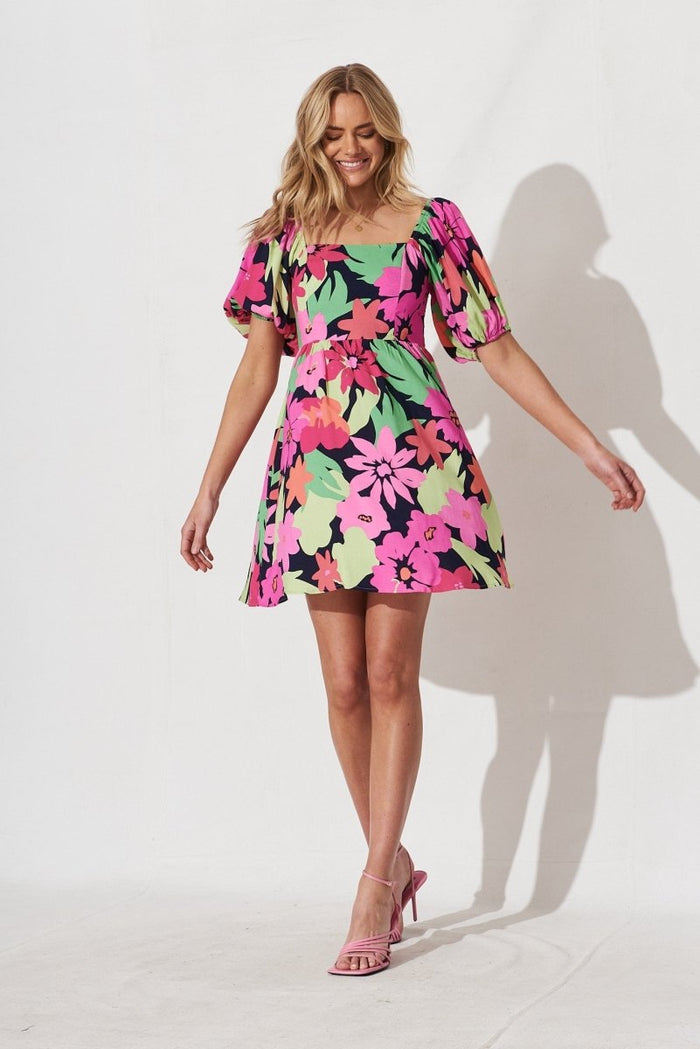 Cairns Dress In Navy With Multi Tropical Floral - St Frock (Dev)