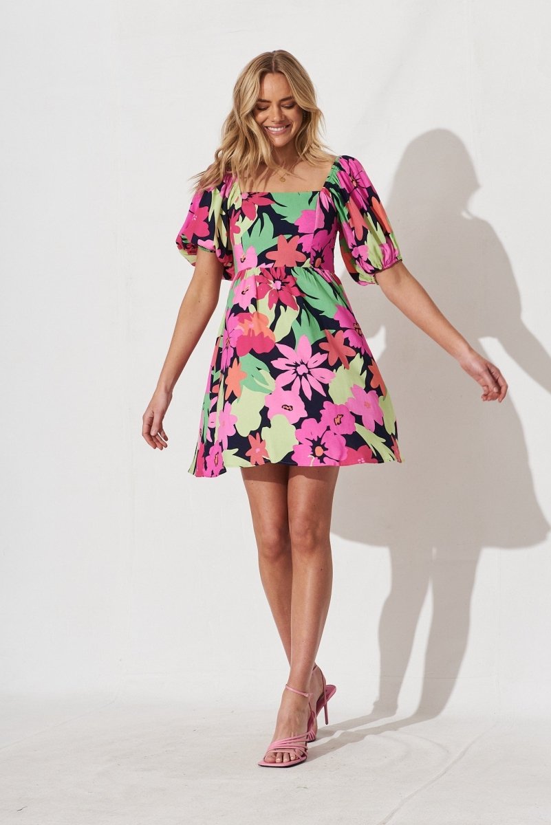 Cairns Dress In Navy With Multi Tropical Floral - St Frock (Dev)