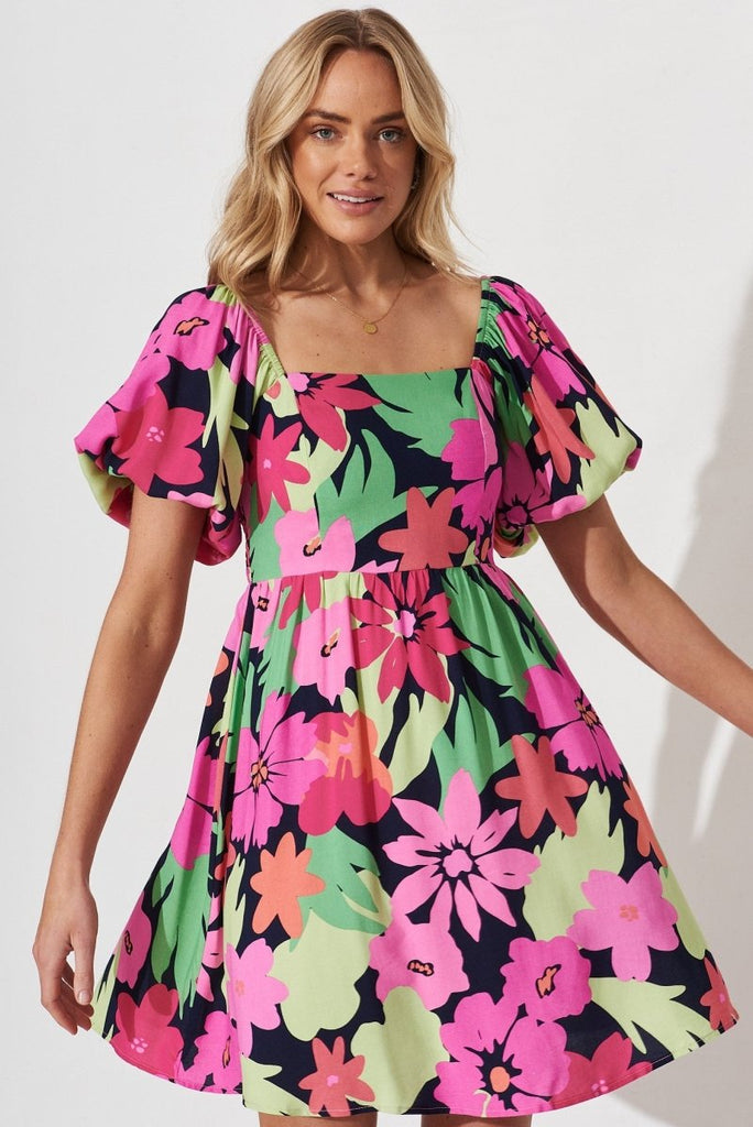 Cairns Dress In Navy With Multi Tropical Floral - St Frock (Dev)