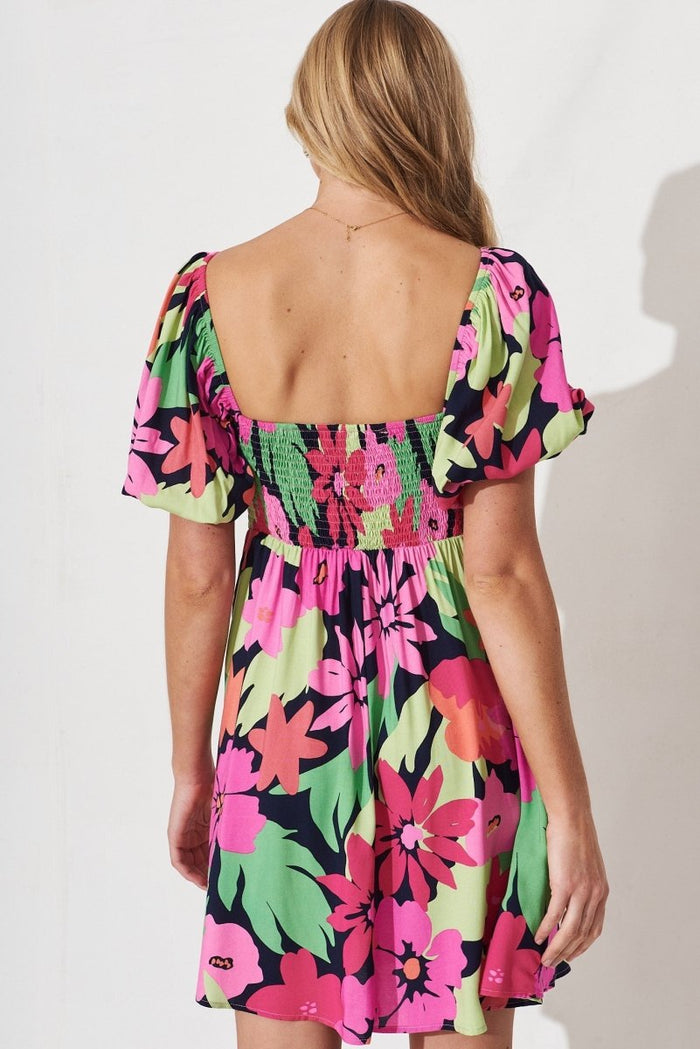 Cairns Dress In Navy With Multi Tropical Floral - St Frock (Dev)