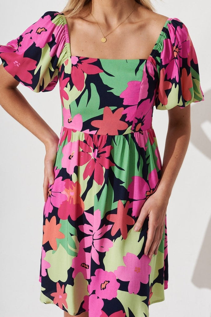 Cairns Dress In Navy With Multi Tropical Floral - St Frock (Dev)