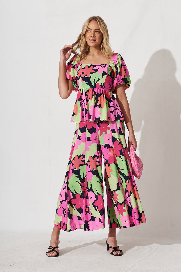 Kuranda Top In Navy With Multi Tropical Floral - full length