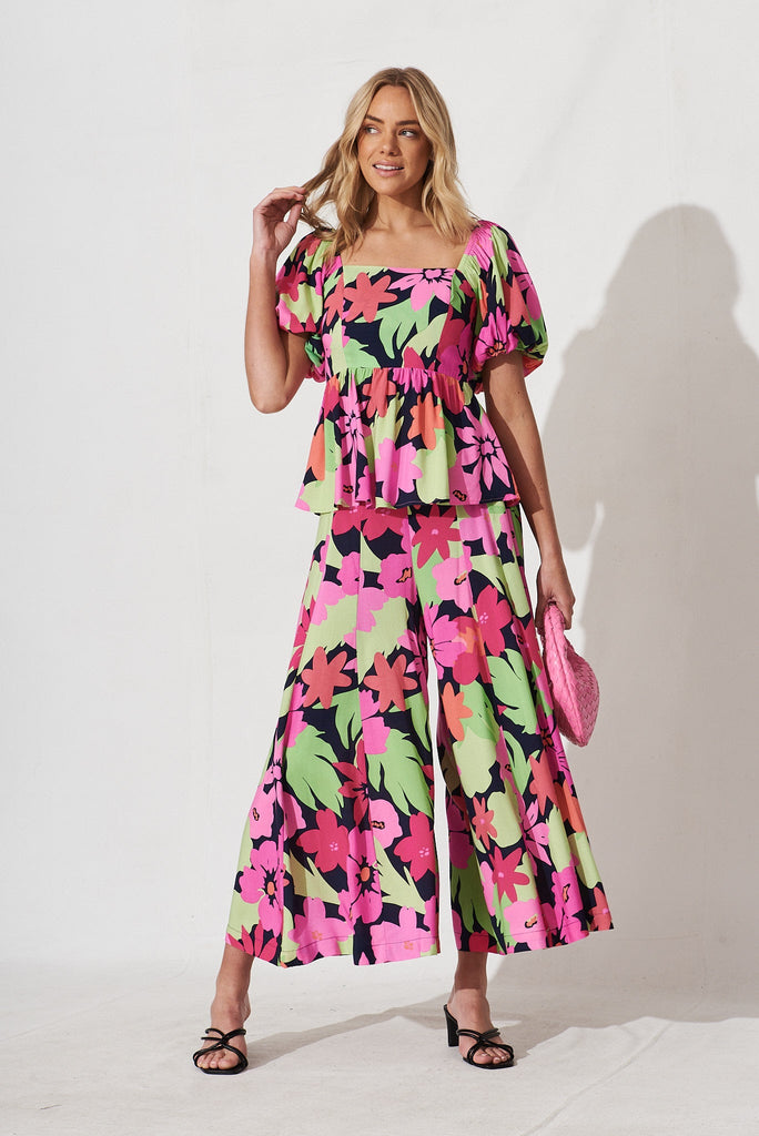 Kuranda Top In Navy With Multi Tropical Floral - full length