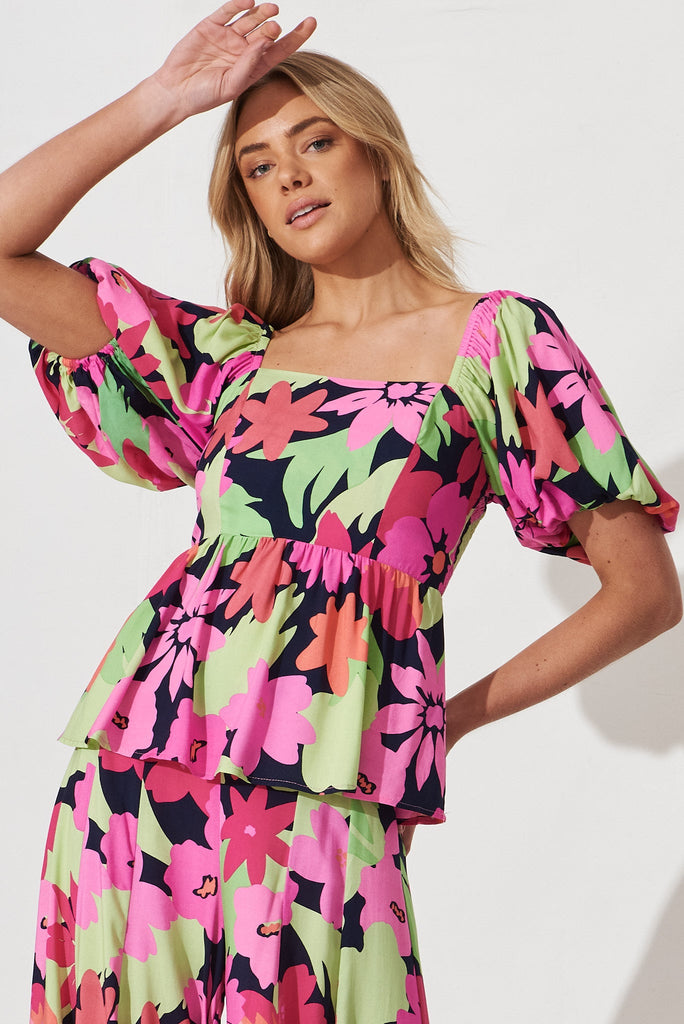 Kuranda Top In Navy With Multi Tropical Floral - front