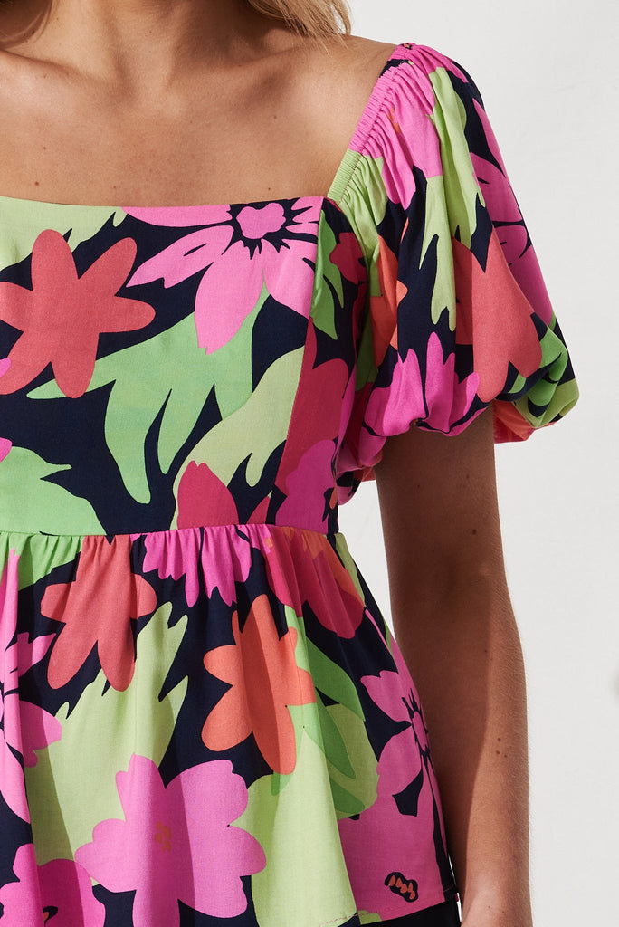 Kuranda Top In Navy With Multi Tropical Floral - detail