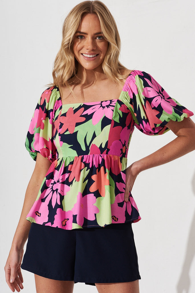 Kuranda Top In Navy With Multi Tropical Floral - front