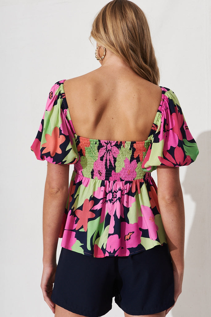 Kuranda Top In Navy With Multi Tropical Floral - back