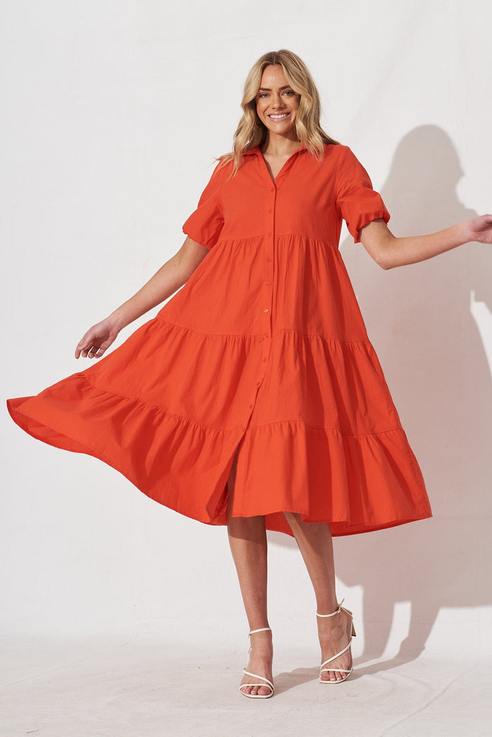 Lauren Midi Shirt Dress In Tangerine - full length