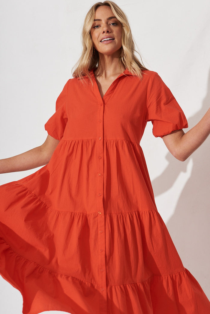Lauren Midi Shirt Dress In Tangerine - front