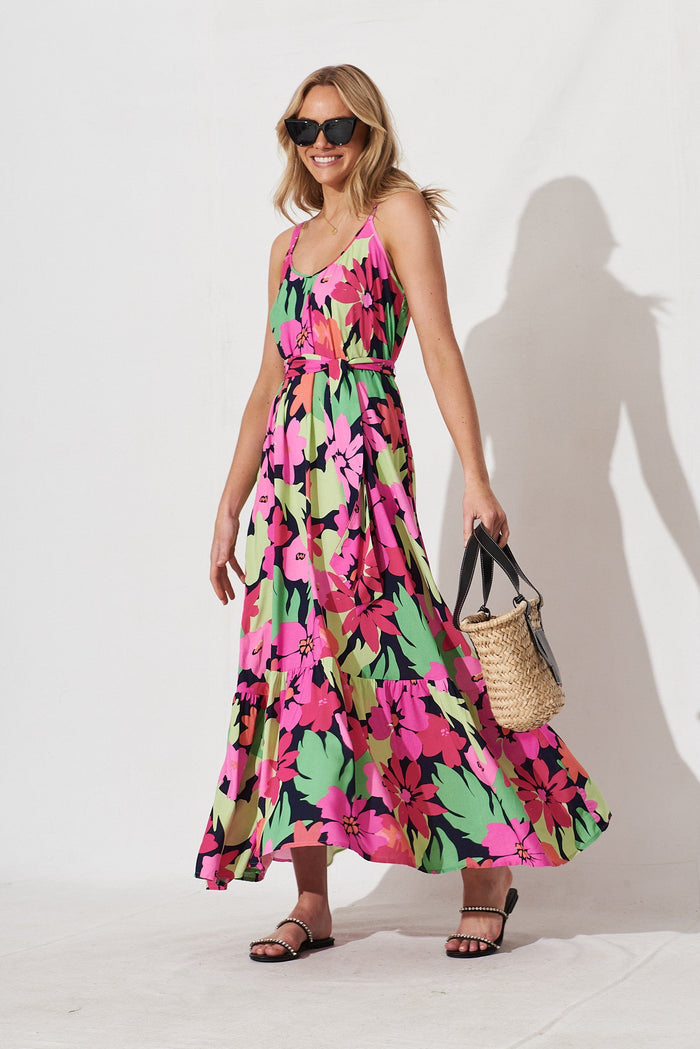 Daintree Maxi Dress In Navy With Multi Tropical Floral - full length