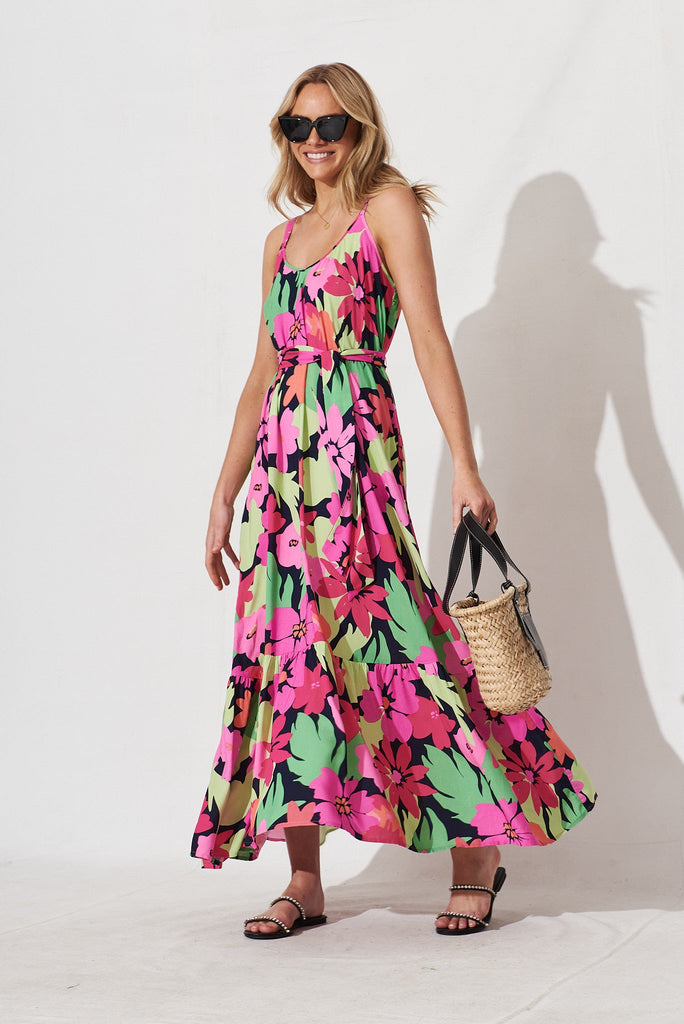 Daintree Maxi Dress In Navy With Multi Tropical Floral - full length