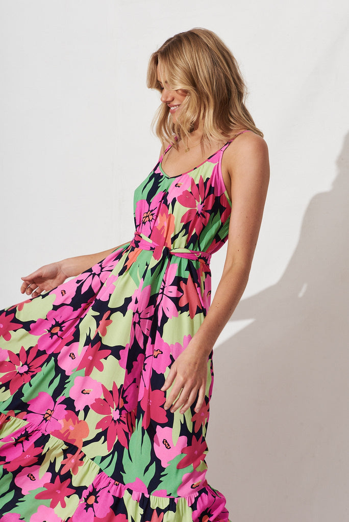 Daintree Maxi Dress In Navy With Multi Tropical Floral - front