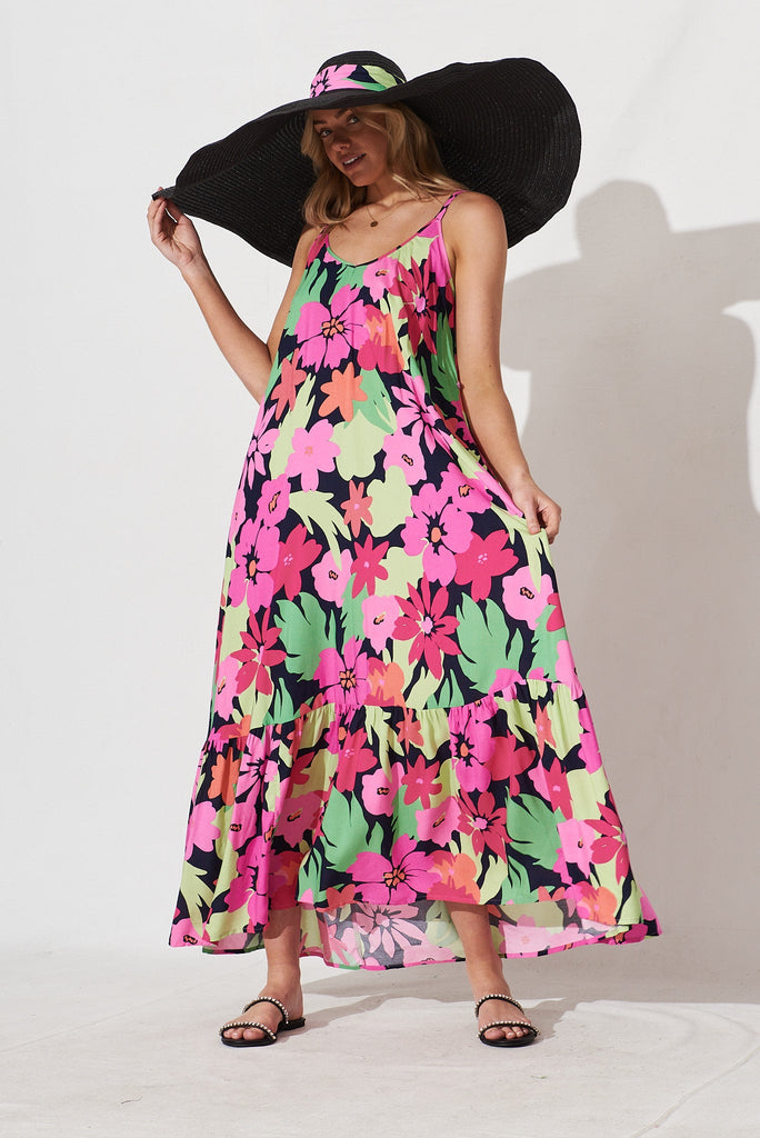 Daintree Maxi Dress In Navy With Multi Tropical Floral - full length