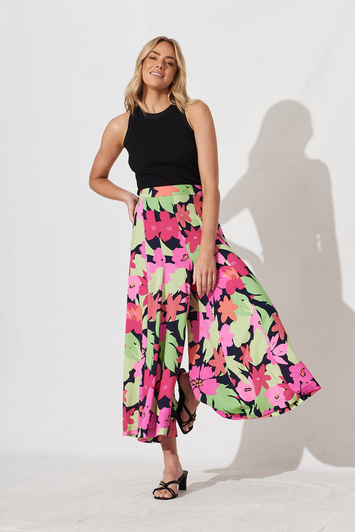 Sugary Pant In Navy With Multi Tropical Floral - full length