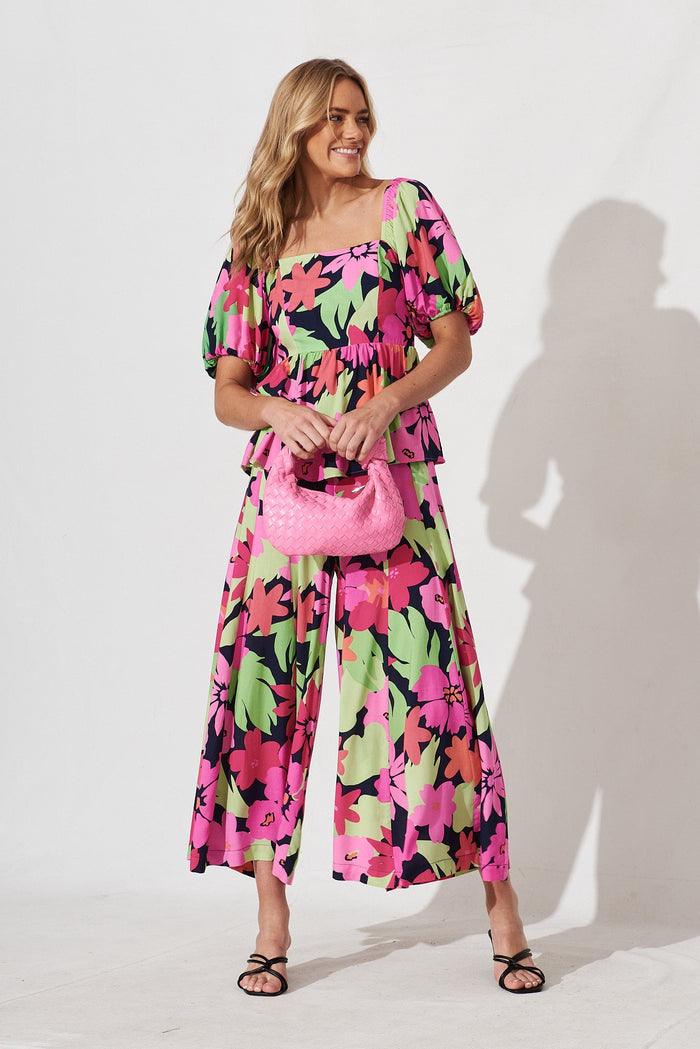 Sugary Pant In Navy With Multi Tropical Floral - full length