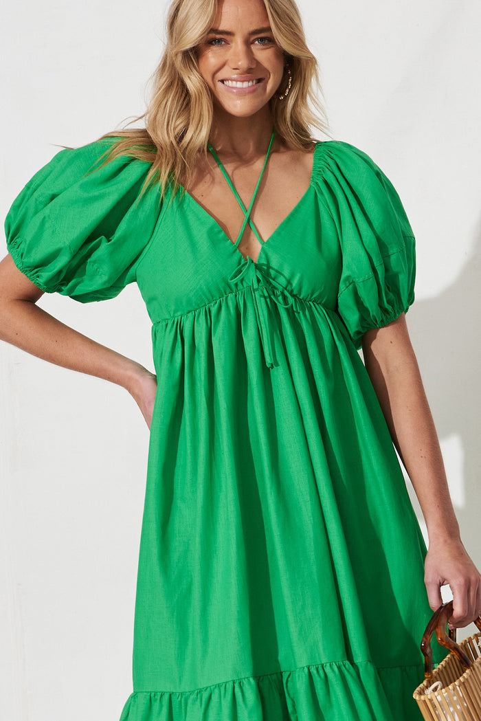 Dayne Midi Dress In Green Linen Blend - front