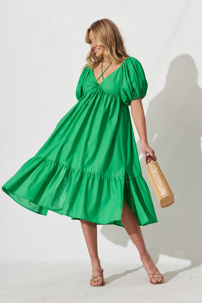 Dayne Midi Dress In Green Linen Blend - full length