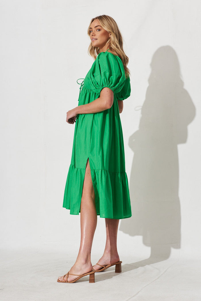 Dayne Midi Dress In Green Linen Blend - side