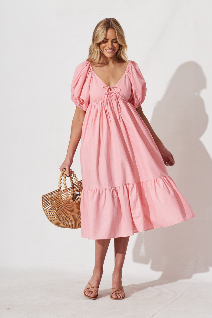 Dayne Midi Dress In Pink Linen Blend - full length