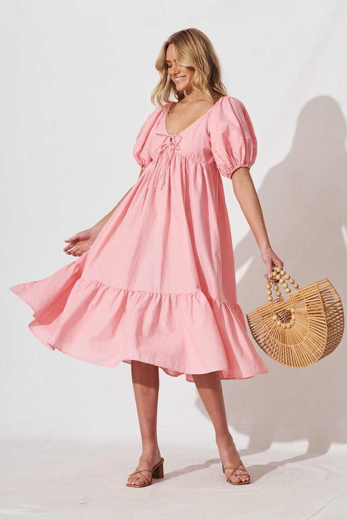 Dayne Midi Dress In Pink Linen Blend - full length
