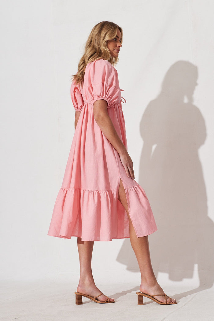 Dayne Midi Dress In Pink Linen Blend - side