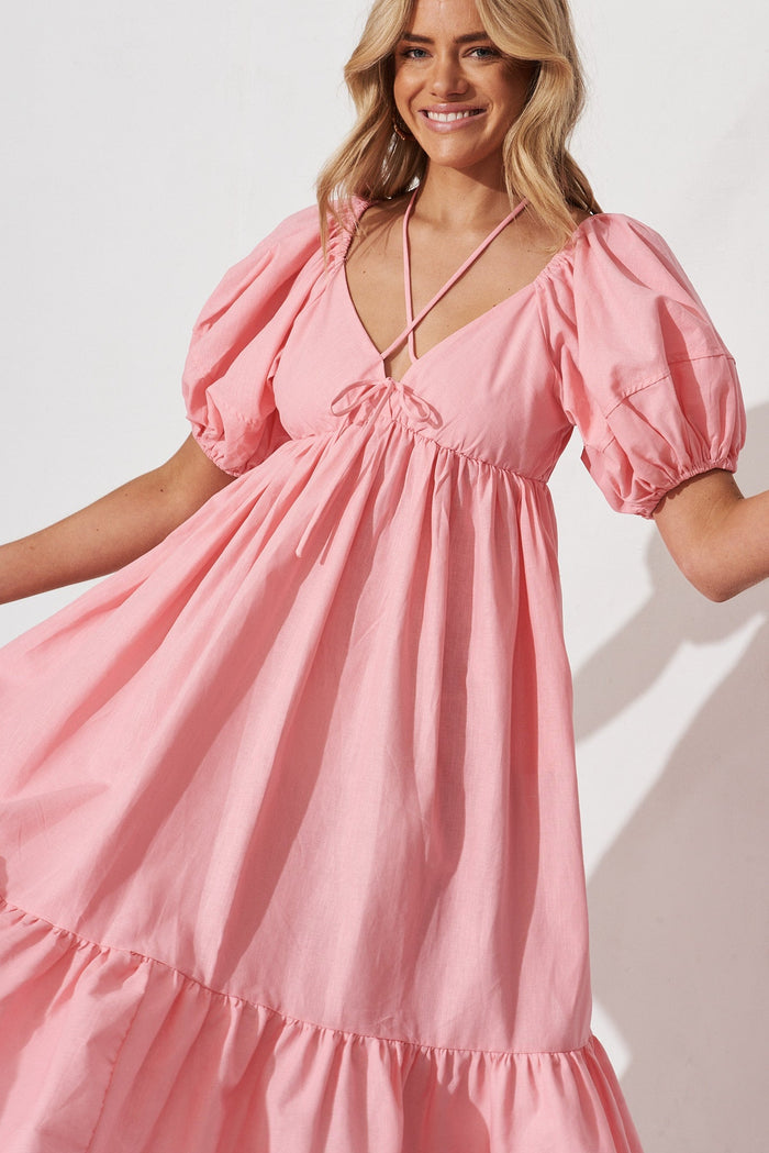 Dayne Midi Dress In Pink Linen Blend - front