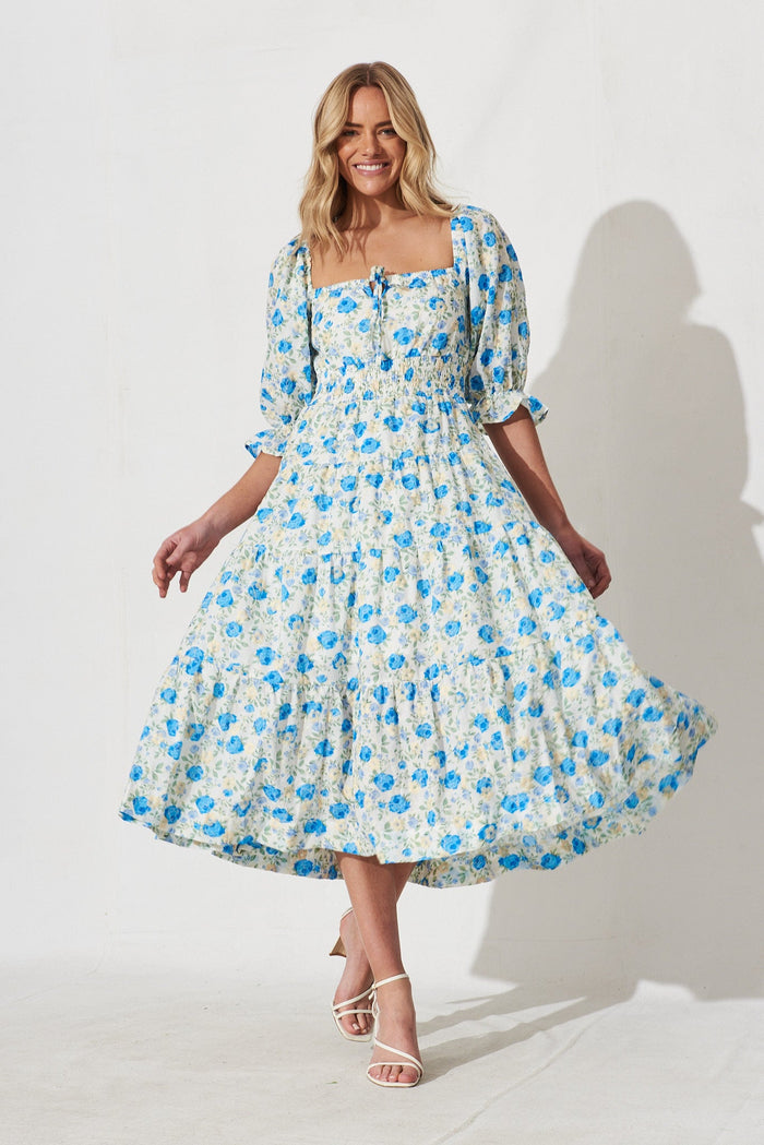 Ganni Midi Dress In White With Blue Floral - full length