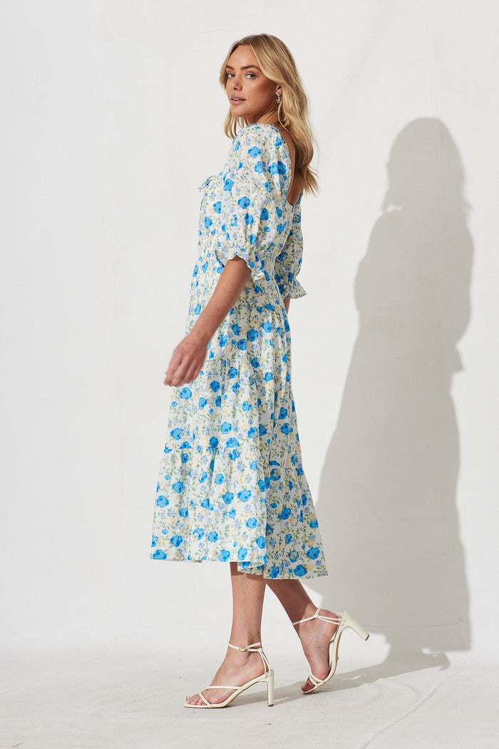 Ganni Midi Dress In White With Blue Floral - side