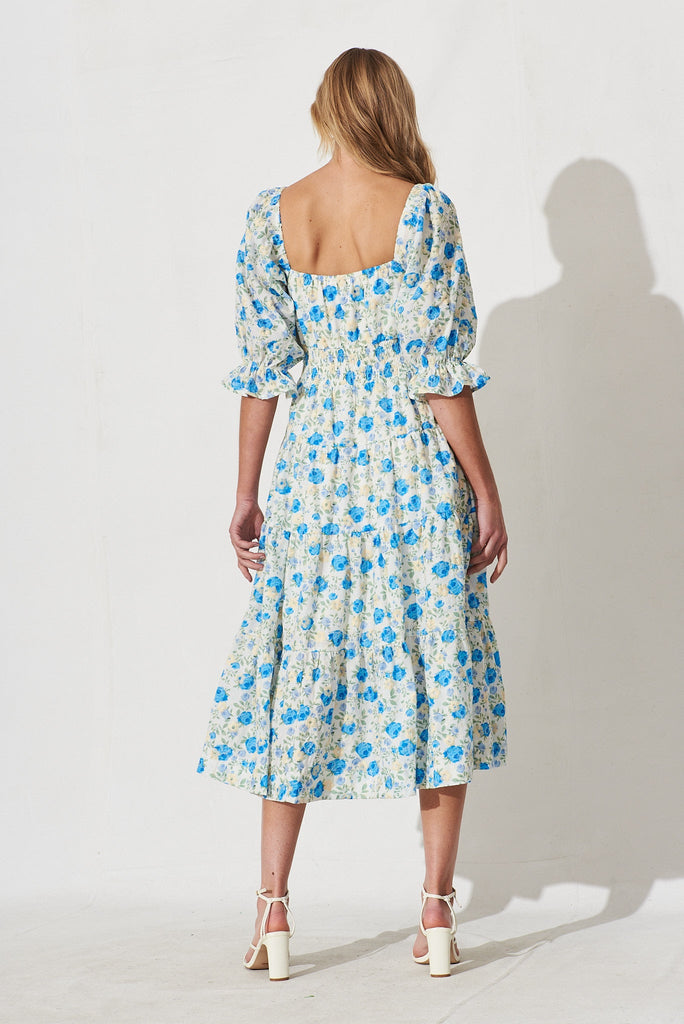 Ganni Midi Dress In White With Blue Floral - back