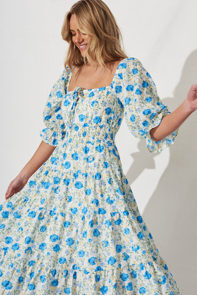 Ganni Midi Dress In White With Blue Floral - front