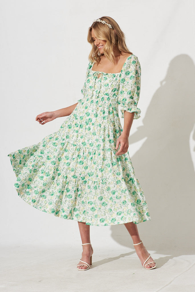Ganni Midi Dress In White With Green Floral - full length