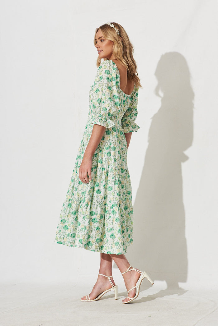 Ganni Midi Dress In White With Green Floral - side