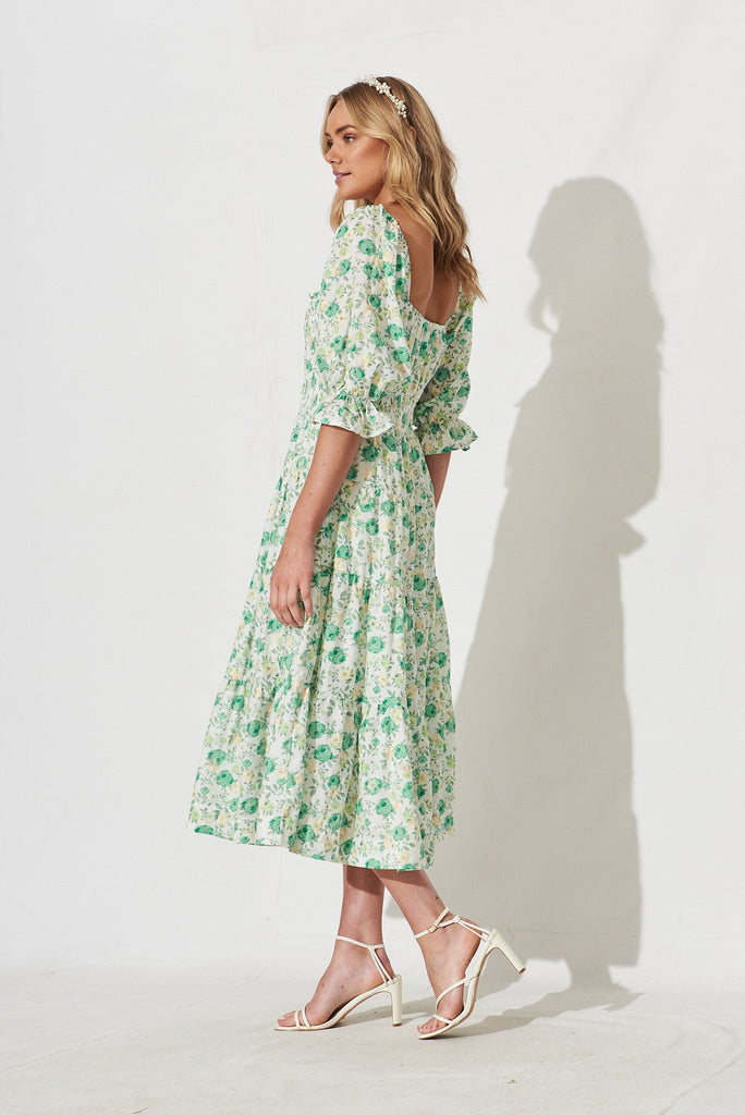 Ganni Midi Dress In White With Green Floral - side