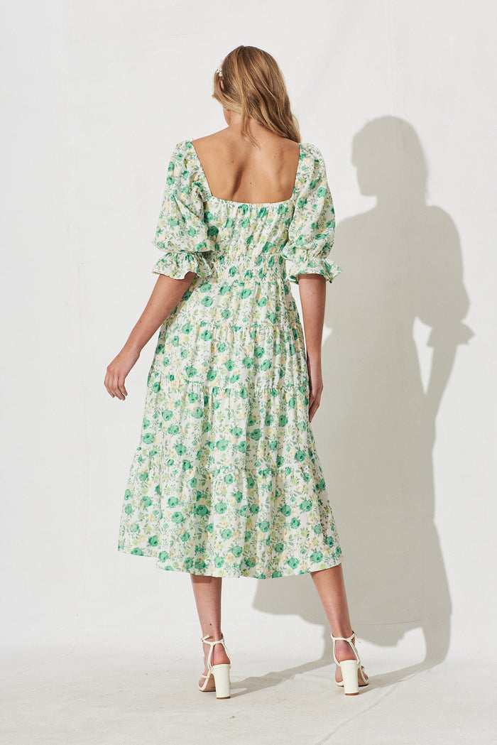 Ganni Midi Dress In White With Green Floral - back