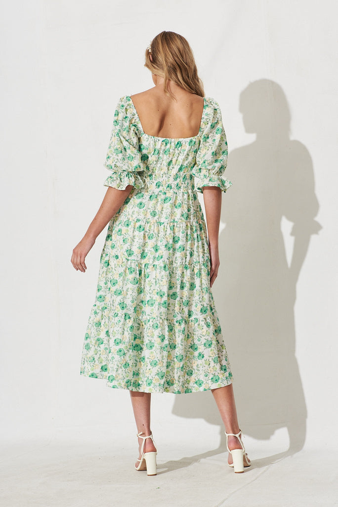 Ganni Midi Dress In White With Green Floral - back