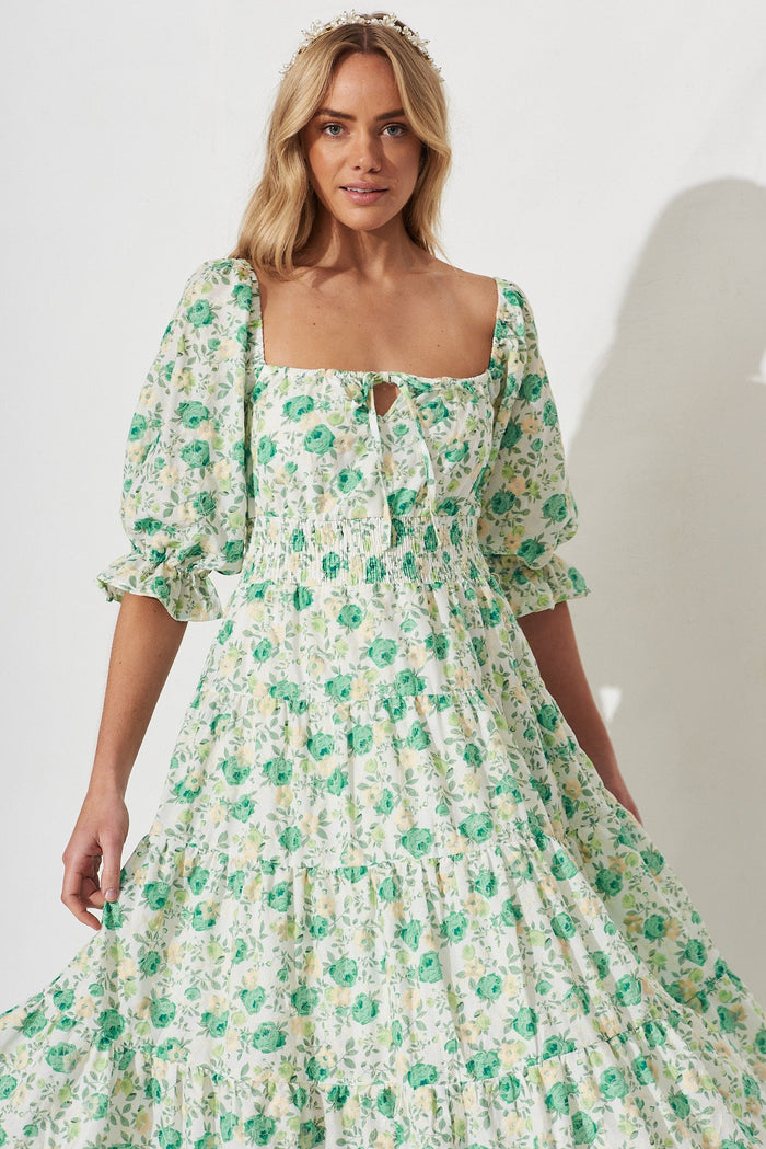 Ganni Midi Dress In White With Green Floral - front